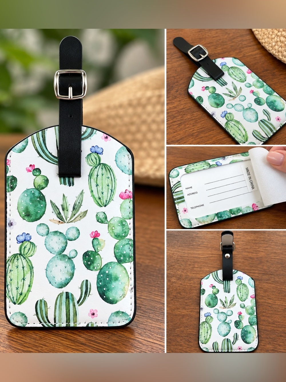 Green Cactus Print Luggage Tag with Black Strap
